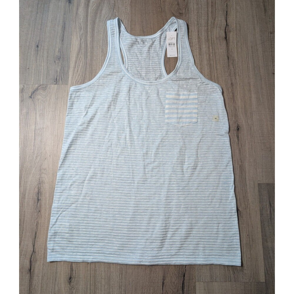 NWT Ann Taylor LOFT Size M Racerback Tank Top Stripes Linen Blend Sheer $29.50 - Picture 2 of 8